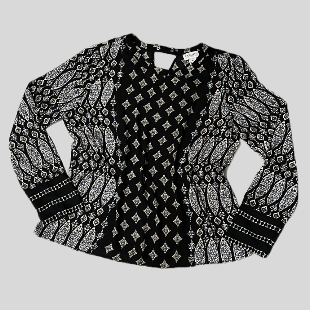 CARMEN MARC VALVO Graphic Print Mosaic Stained Glass Pattern Blouse Top Black XL